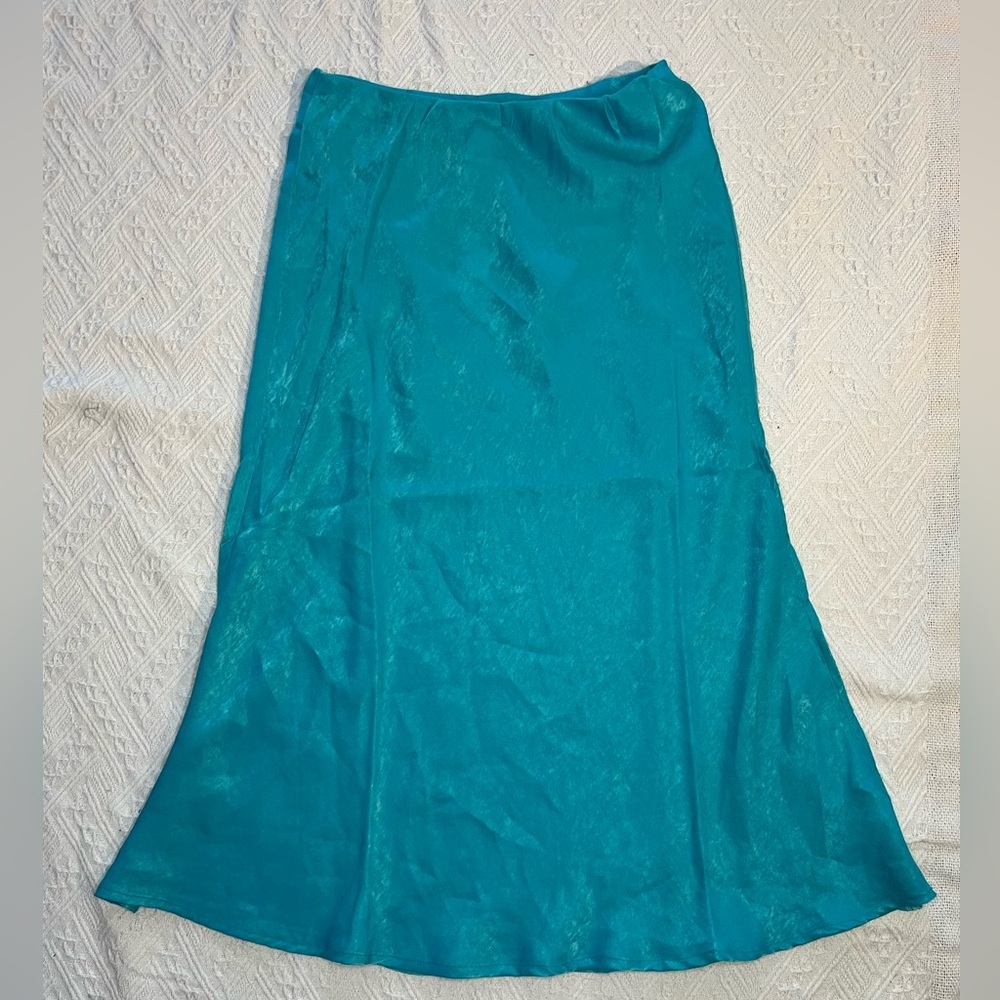 NWT Band of the Free Nida Satin Elastic Waist Midi Skirt turquoise mermaid sz S - Picture 2 of 7